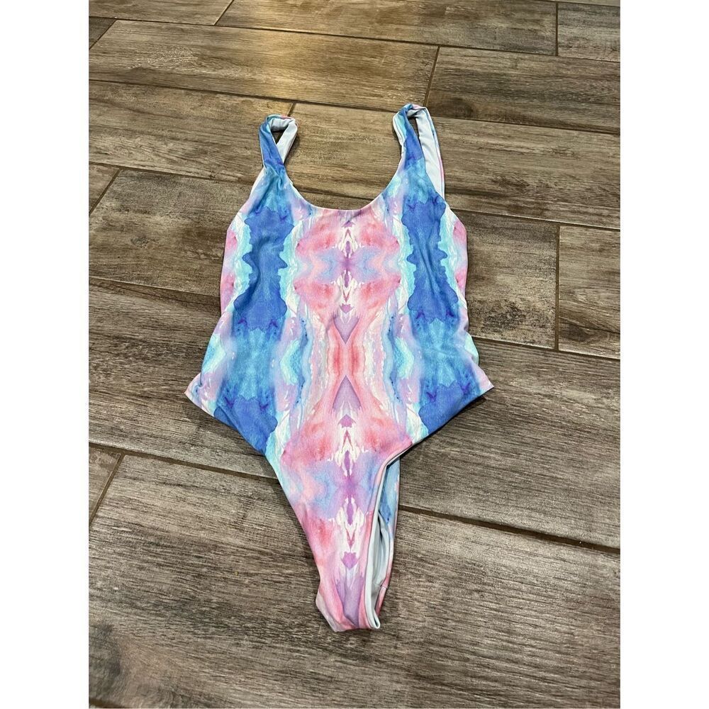 Palms Away Blue And Pink Watercolor One Piece Swimsuit Size Small
